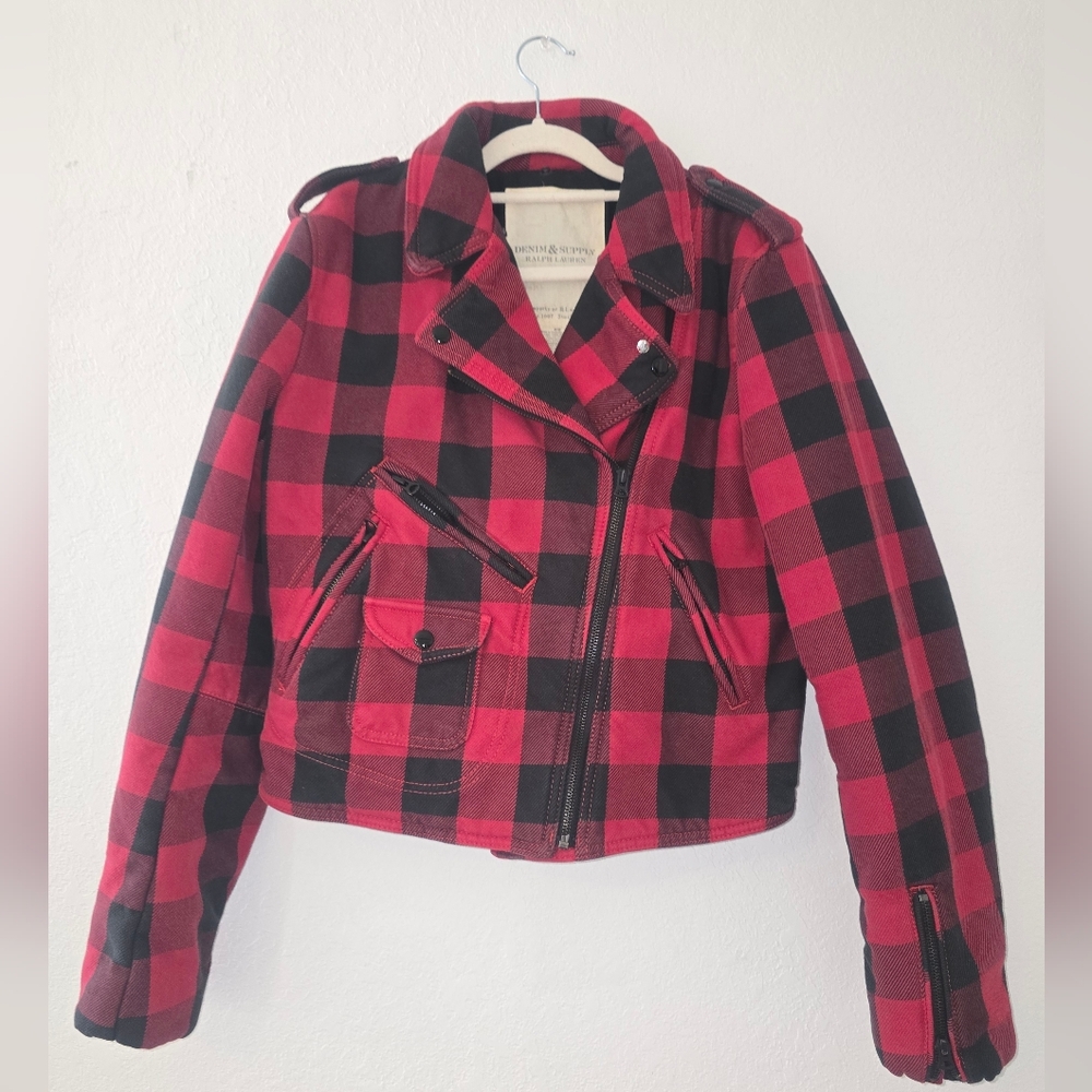Denim & supply Polo Ralph LaurenVtg Womens Medium  Buffalo Plaid Moto zipJacket